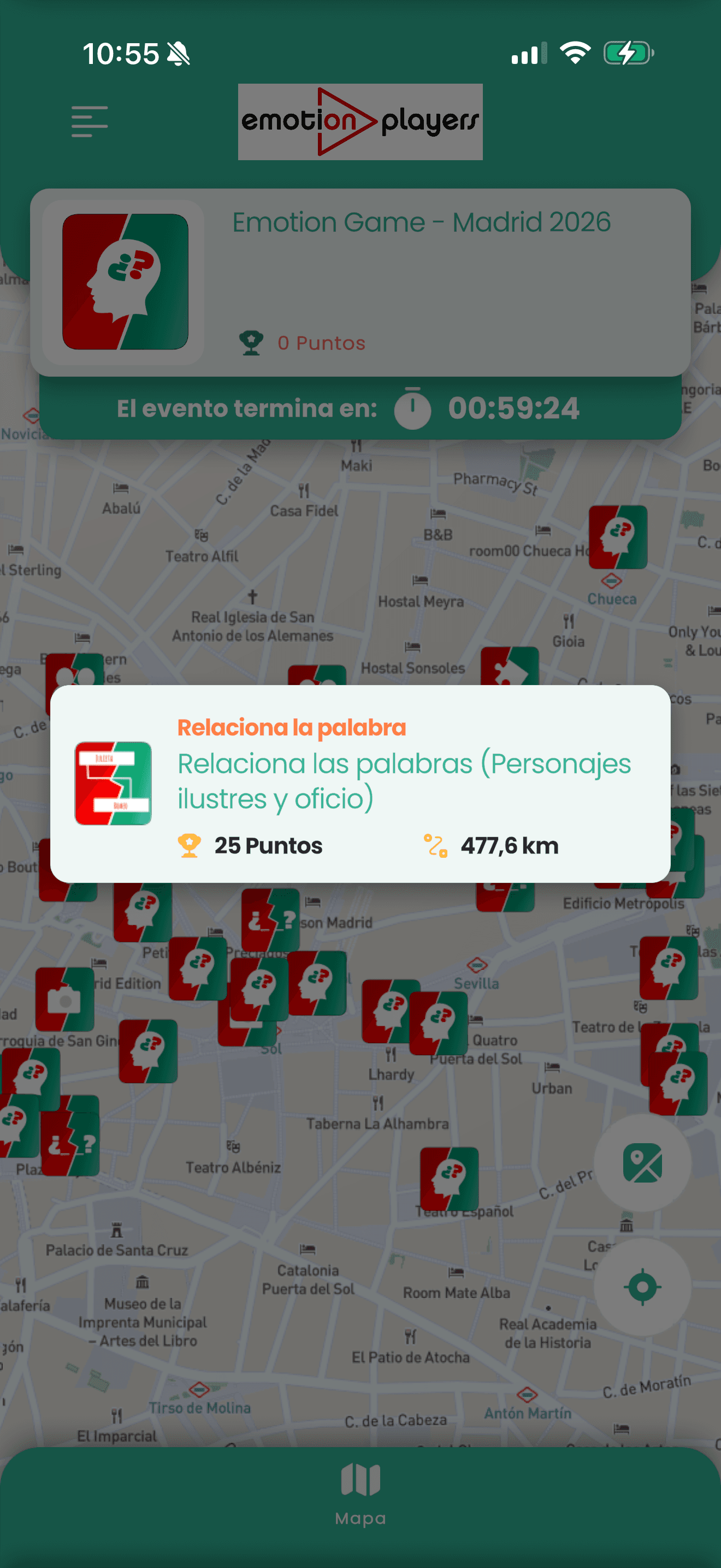 Mapa de Emotion Game con un reto activo en Madrid